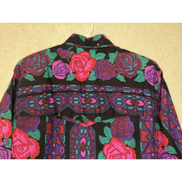 ADOBE ROSE Vtg Purple Floral Button Shirt Western Rodeo Aztec Rockabilly LARGE - Picture 4 of 12